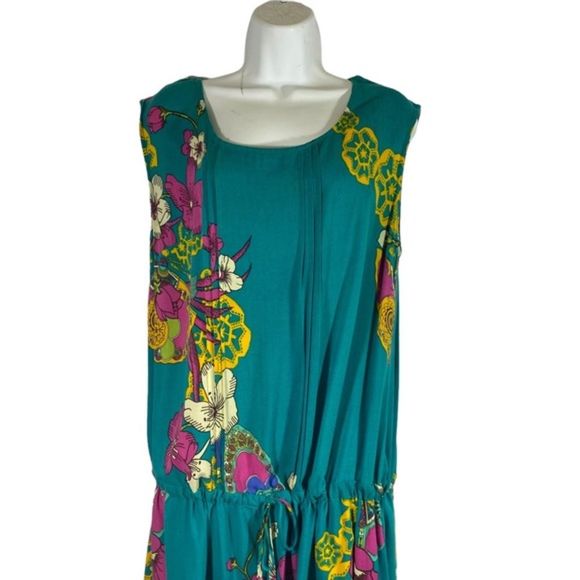 Munny Plus Size 14 Dress Tunic Teal Floral Drop Drawstring Waist Sleeveless - Picture 7 of 8